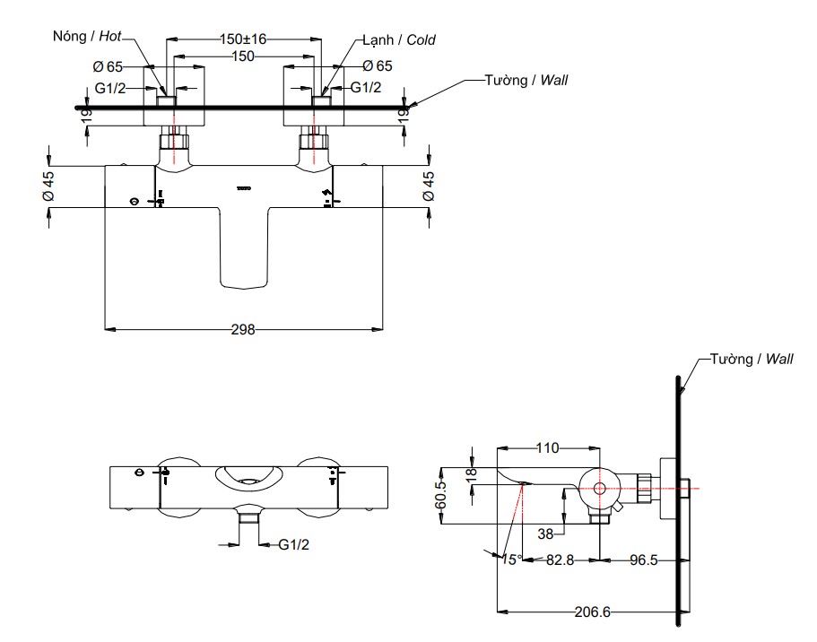 Bản vẽ kích thước sen tắm cây Toto TBV01402BA