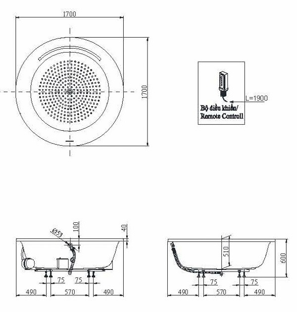 Bản vẽ kích thước Bồn tắm massage TOTO PPYB1720HPTE/TBVF412 ngọc trai