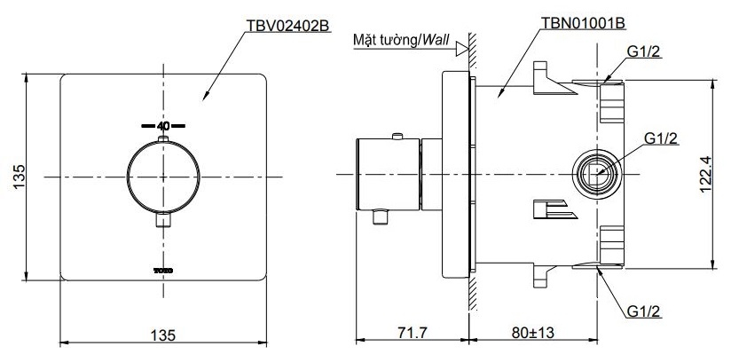 bản vẽ kích thước van điều chỉnh nhiệt độ toto tbv02402b