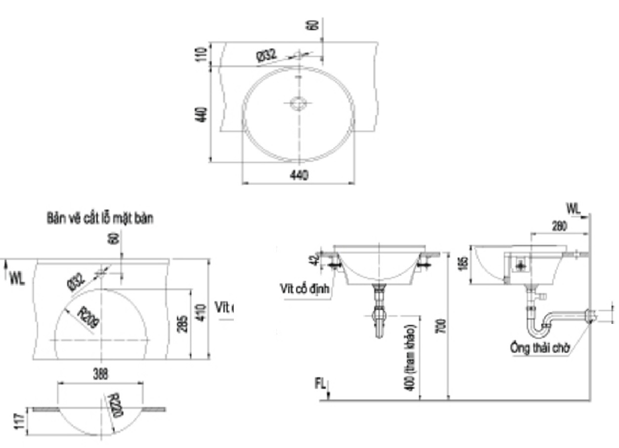 Bản vẽ kĩ thuật chậu đặt bàn Inax Al-333V