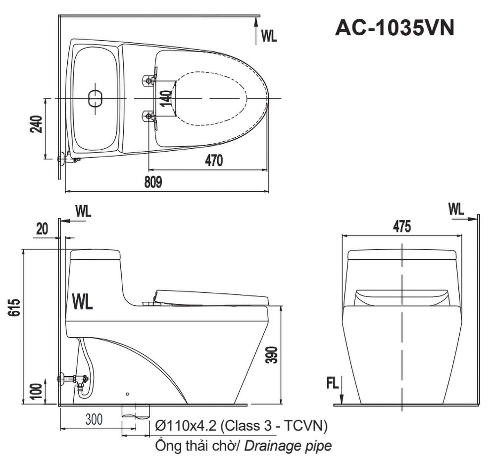 bản vẽ kĩ thuật bồn cầu 1 khối inax ac-1035vn