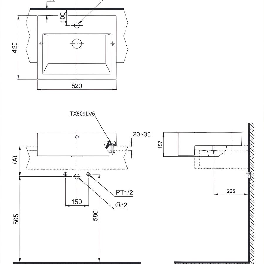 bản vẽ chậu bán âm bàn toto lt647cs
