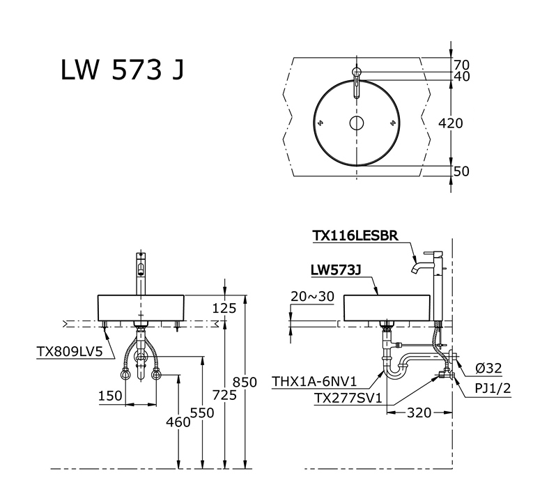 bản vẽ chạu lavabo toto đặt bàn lt573jfw