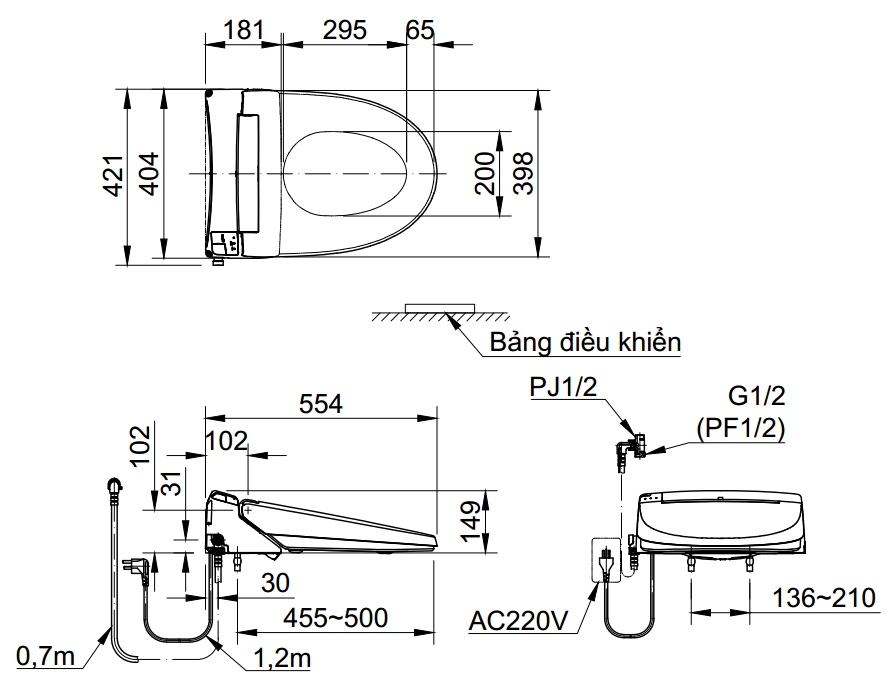 bản vẽ kích thước nắp rửa điện tử inax cw-ka22avn