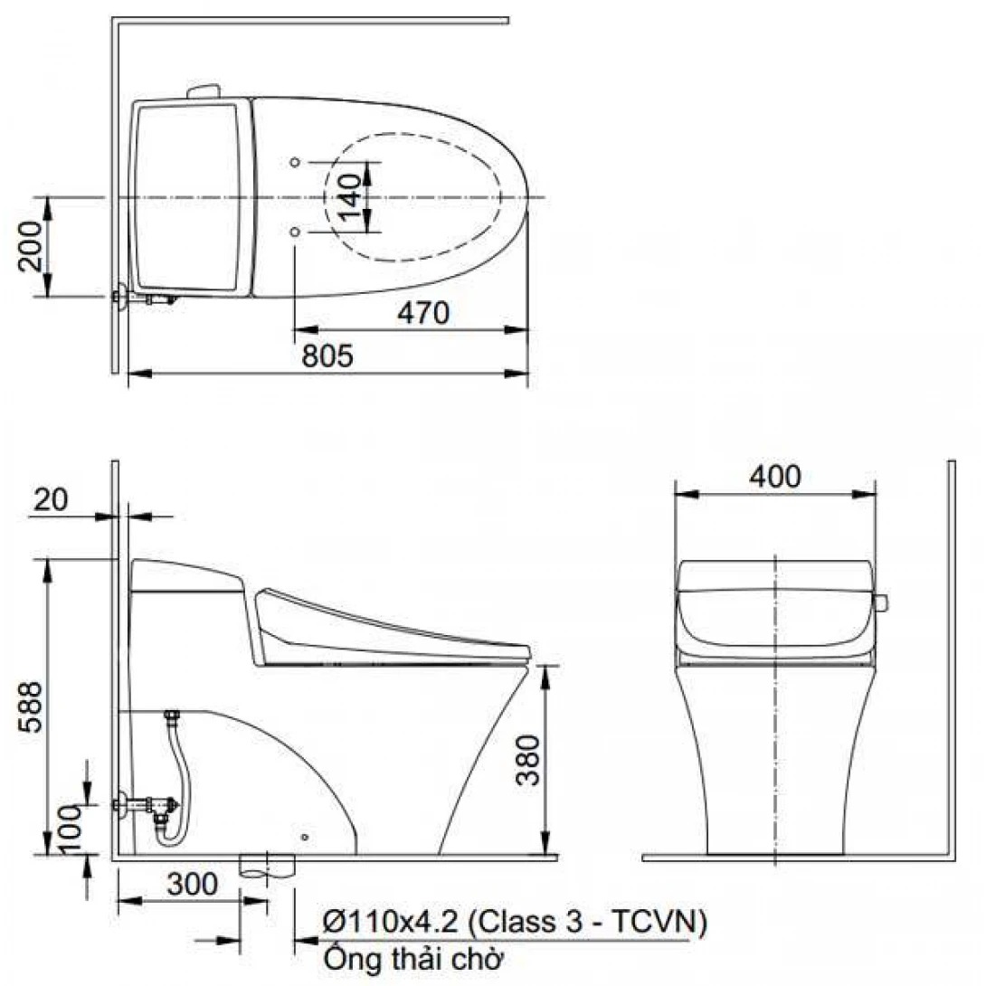 Bản vẽ kĩ thuật bàn cầu 1 khối INAX AC-1017VRN