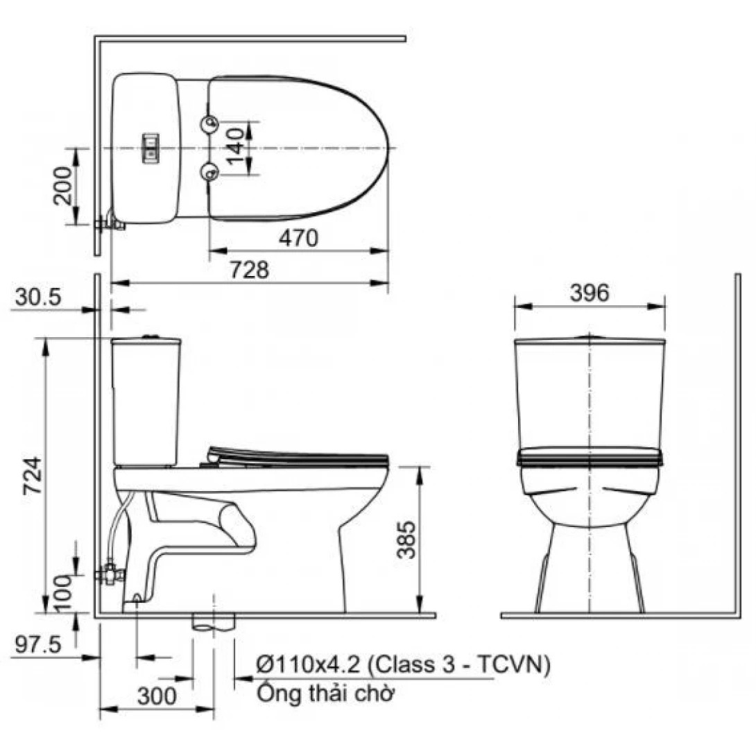 Bản vẽ kĩ thuật bồncaauf 2 khối INAX-AC-514VAN 