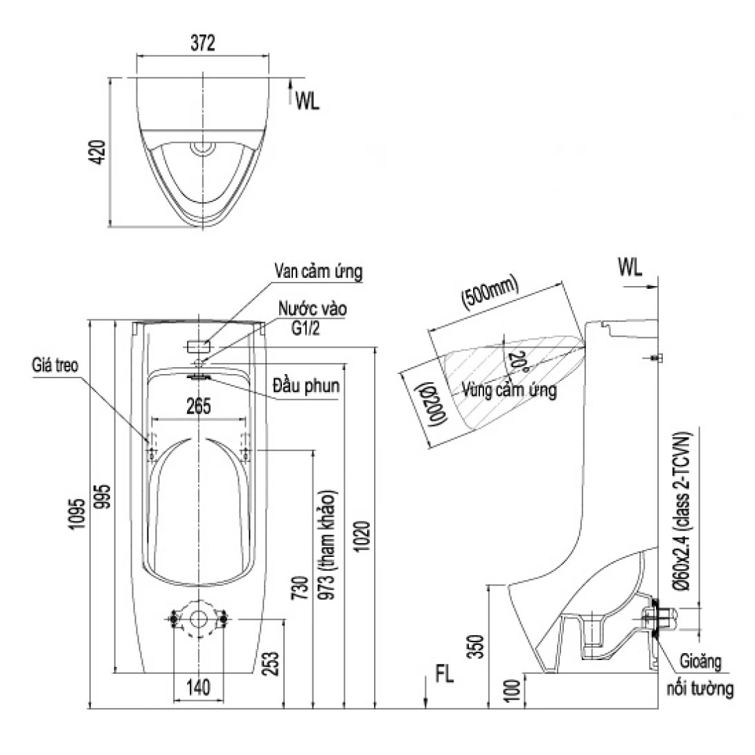 Bản vẽ kĩ thuật bồn tiểu nam treo tường INAX ASU-500V