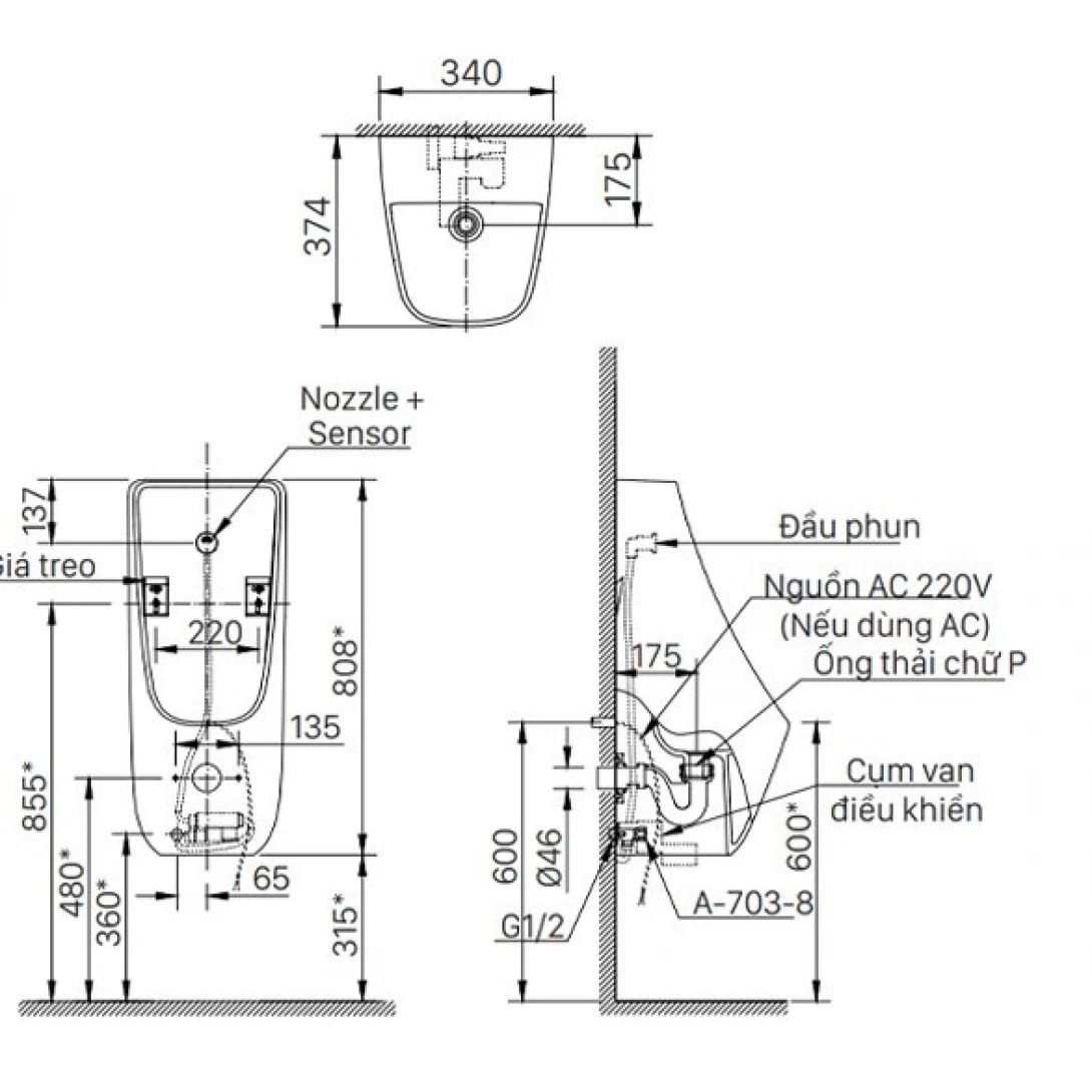 Bản vẽ kĩ thuật bồn tiểu nam treo tường INAX AU-468IR