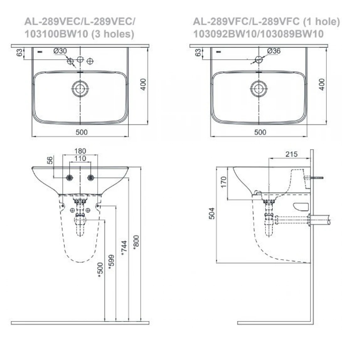 BẢn vẽ kĩ thuật chậu rửa treo tường Inax AL-289V