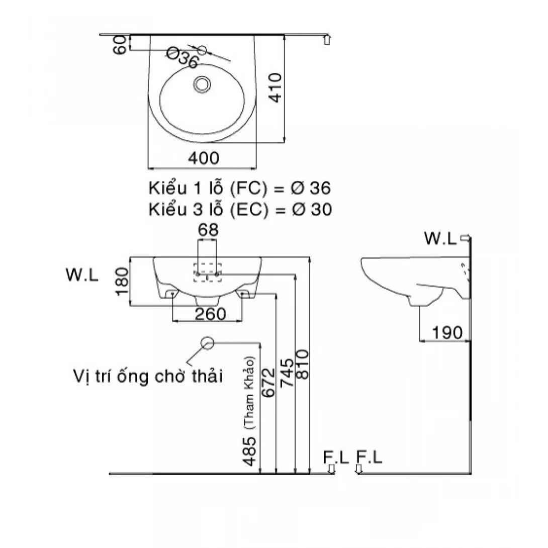 Bản vẽ kĩ thuật chậu rửa treo tường Inax L-282V