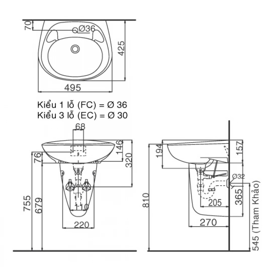 Bản vẽ kĩ thuật chậu rửa treo tường Inax L-284V