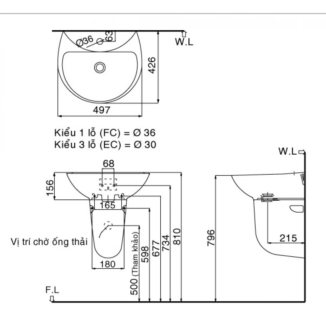 Bản vẽ kĩ thuật chậu rửa treo tường INAX L-285V