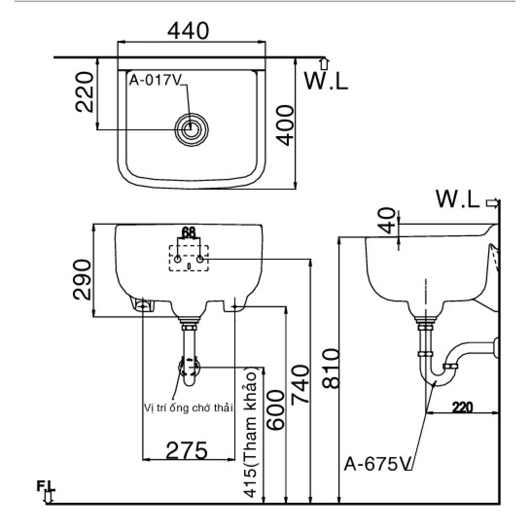 Bản vẽ kĩ thuật chậu rửa treo tường Inax S-17V