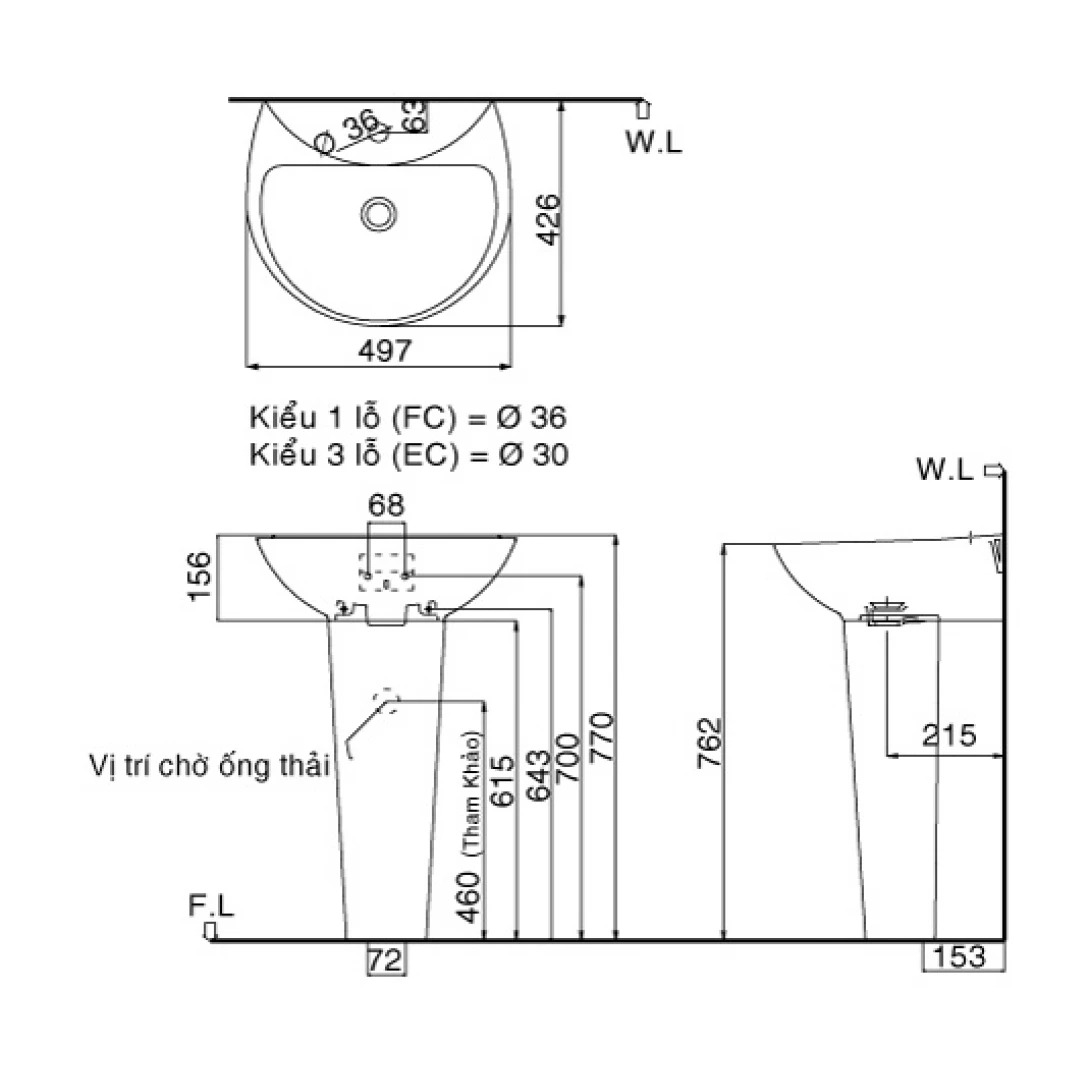 Bản vẽ kĩ thuật chậu rửa treo tường Inax L-285V/L