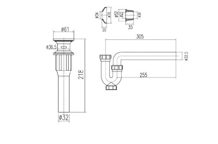 Bản vẽ kĩ thuật ống xả chậu có chặn nước INAX A-016V