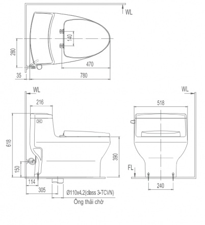 bản vẽ kích thước bồn cầu 1 khối inax ac-4005vn