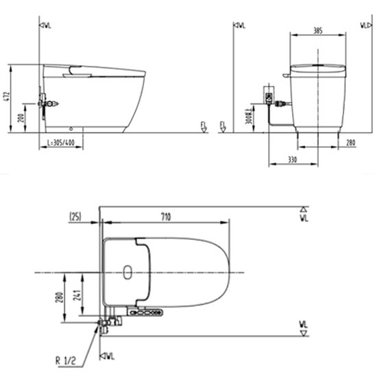 bản vẽ kích thước bồn cầu 1 khối thông minh inax ac-816vn