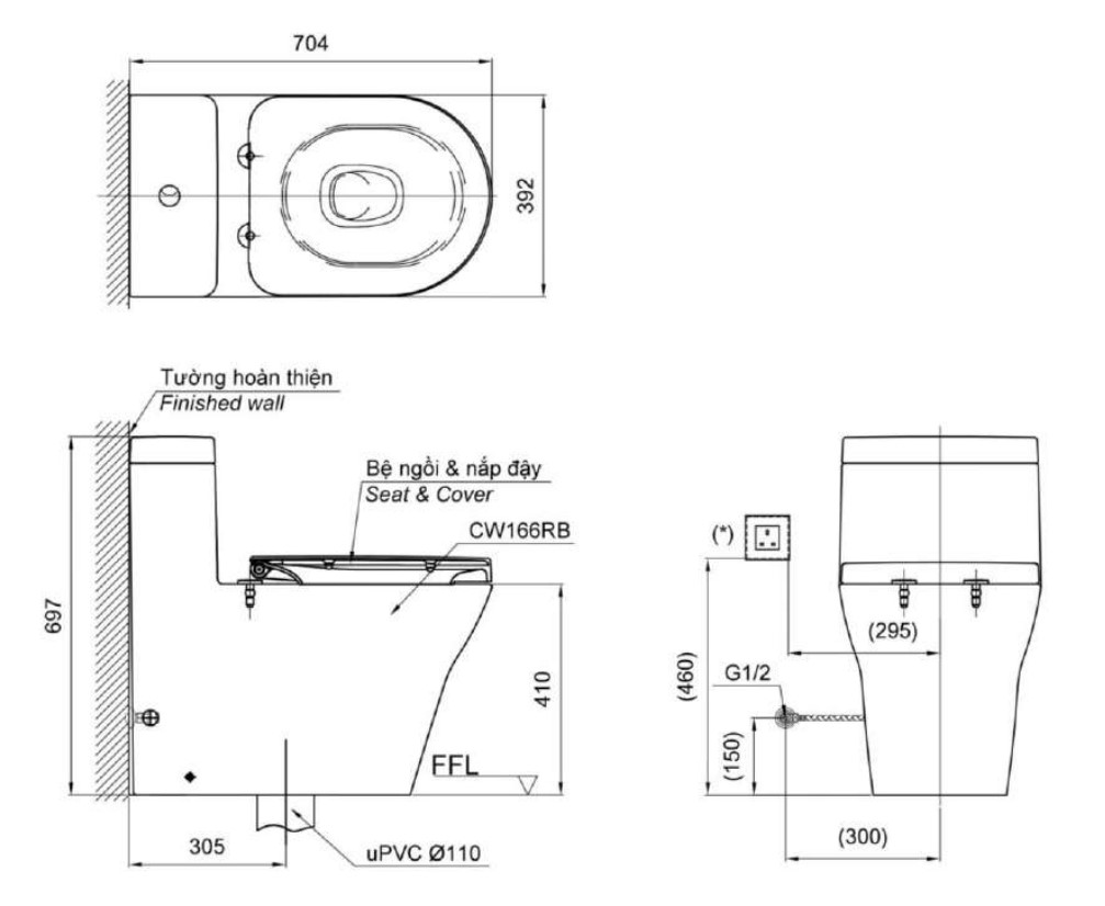 Bản vẽ kích thước bồn cầu một khối TOTO CW166RB/TC384VK Nắp Êm