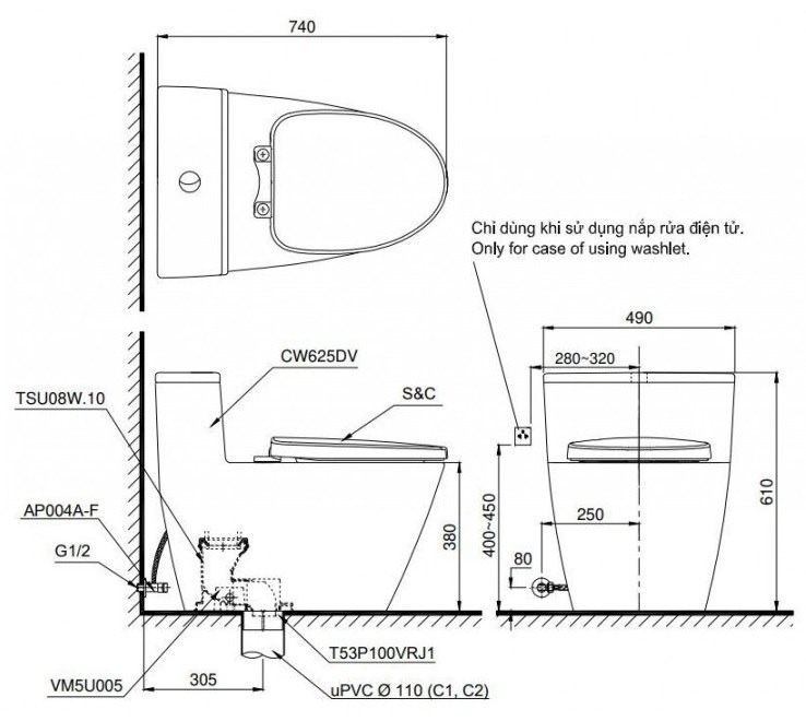Bản vẽ kích thước bồn cầu một khối TOTO MS625DE4 Nắp rửa cơ TCW1211A