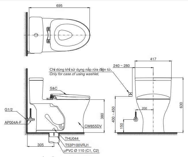 Bản vẽ kích thước bồn cầu một khối TOTO MS855DE4 Nắp rửa cơ TCW1211A