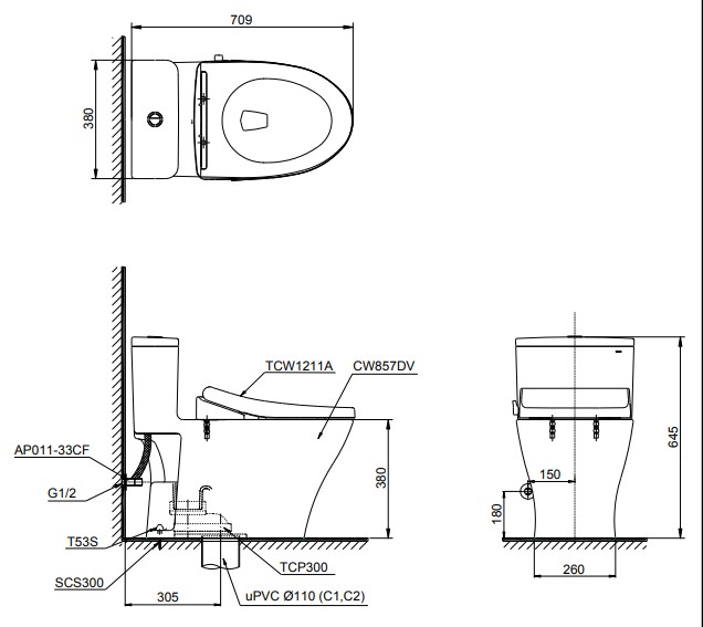 Bản vẽ kích thước bồn cầu một khối TOTO MS857DE4 Nắp rửa cơ TCW1211A