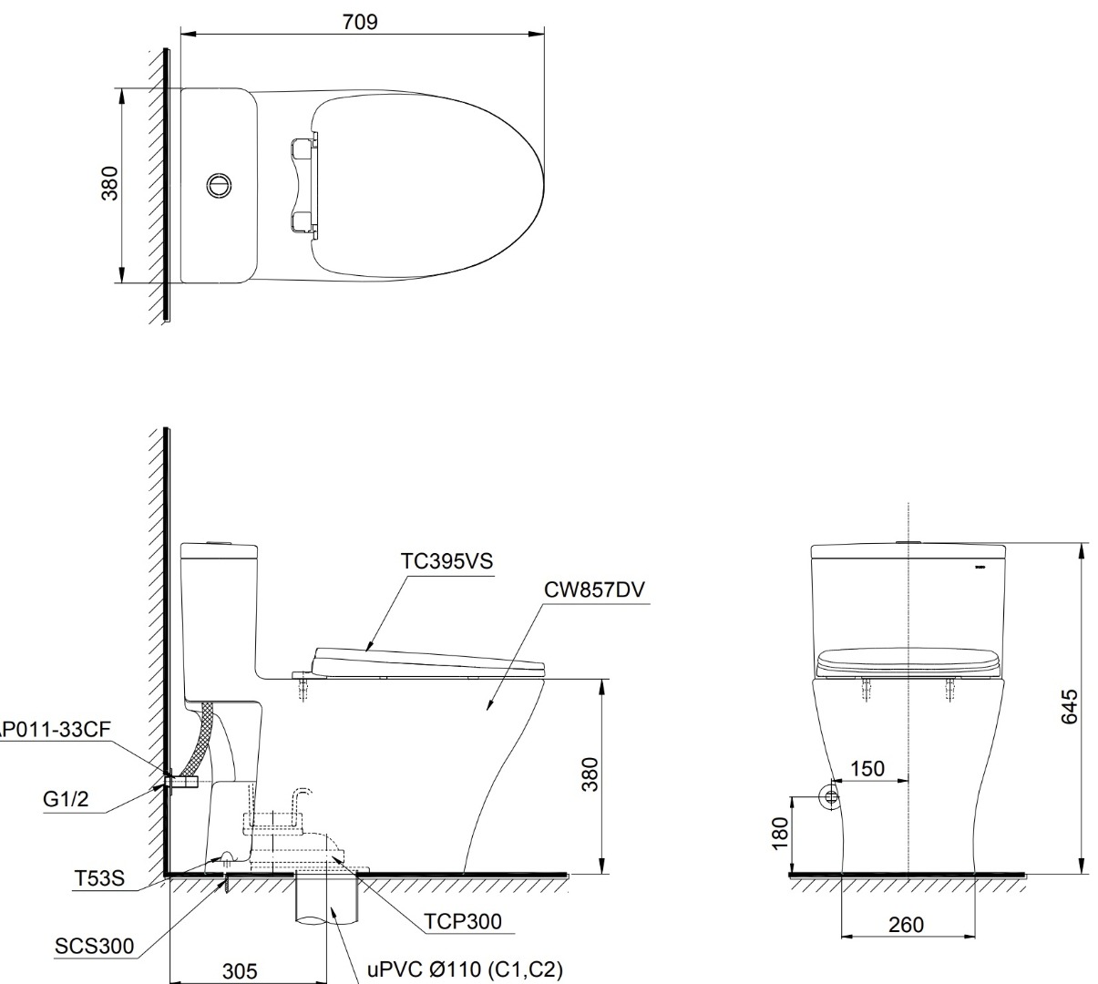 Bản vẽ kích thước bồn cầu một khối TOTO MS857DT10 Nắp Êm TC395VS