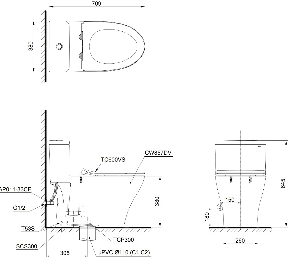 Bản vẽ kích thước bồn cầu một khối TOTO MS857DT8 Nắp Êm TC600VS