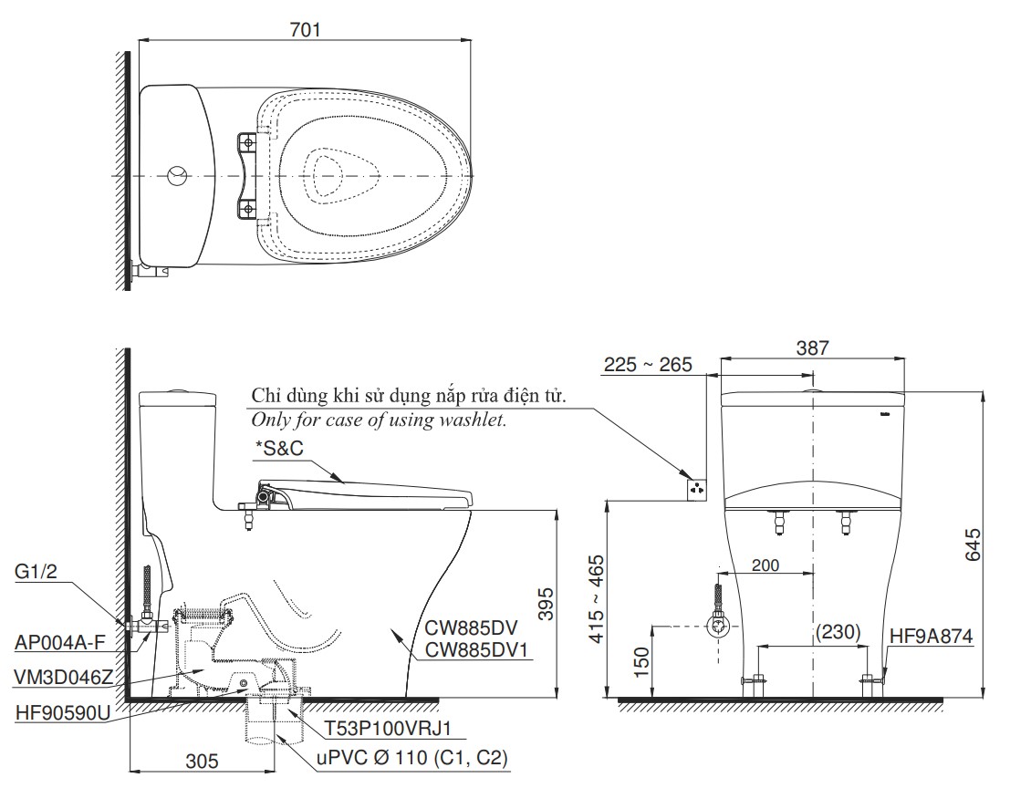Bản vẽ kích thước bồn cầu một khối TOTO MS885DE2 Nắp rửa cơ TCW07S