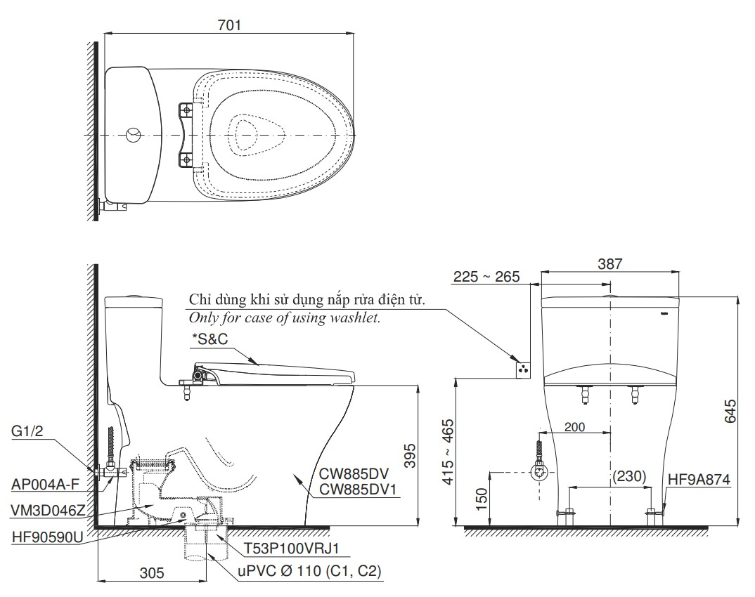 Bản vẽ kích thước bồn cầu một khối TOTO MS885DE4 Nắp rửa cơ TCW1211A