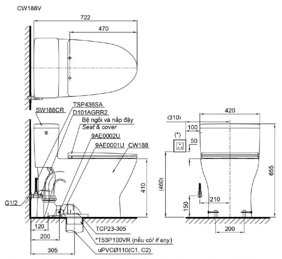 Bản vẽ kích thước bồn cầu một khối TOTO MS188VKE4 Nắp rửa cơ TCW1211A