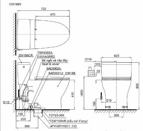 Bản vẽ kích thước bồn cầu hai khối TOTO MS188VKT8/T53P100VR Nắp Êm TC600VS