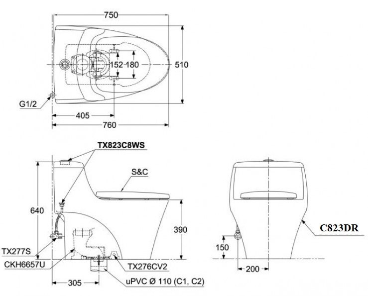 Bản vẽ kích thước bồn cầu một khối TOTO MS823DRT8 Nắp Êm TC600VS
