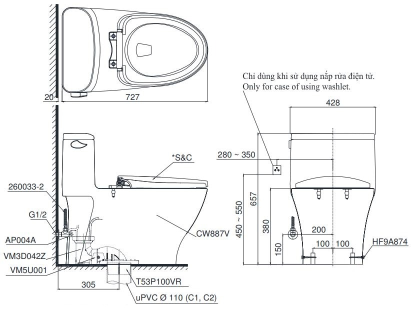 Bản vẽ kích thước bồn cầu 1 khối TOTO MS887RT2 Nắp Êm TC393VS