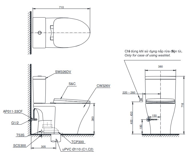 Bản vẽ kích thước bồn cầu hai khối TOTO CS326DE2 Nắp rửa cơ TCW07S