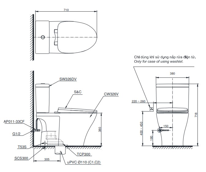 Bản vẽ kích thước bồn cầu hai khối TOTO CS326DE4 Nắp rửa cơ TCW1211A