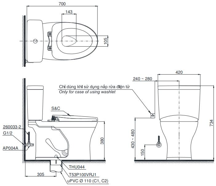Bản vẽ kích thước bồn cầu hai khối TOTO CS735DE4 Nắp rửa cơ TCW1211A
