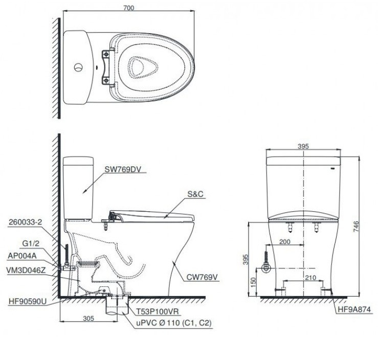 Bản vẽ kích thước bồn cầu 2 khối TOTO CS769DRT10 Nắp Êm TC395VS