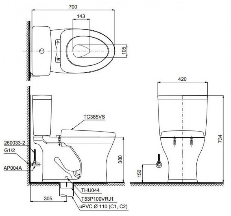 Bản vẽ kích thước bồn cầu hai khối TOTO CS735DT10 Nắp Êm TC395VS