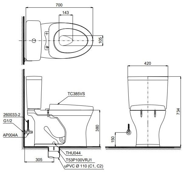 Bản vẽ kích thước bồn cầu hai khối TOTO CS735DT3 Nắp TC385VS