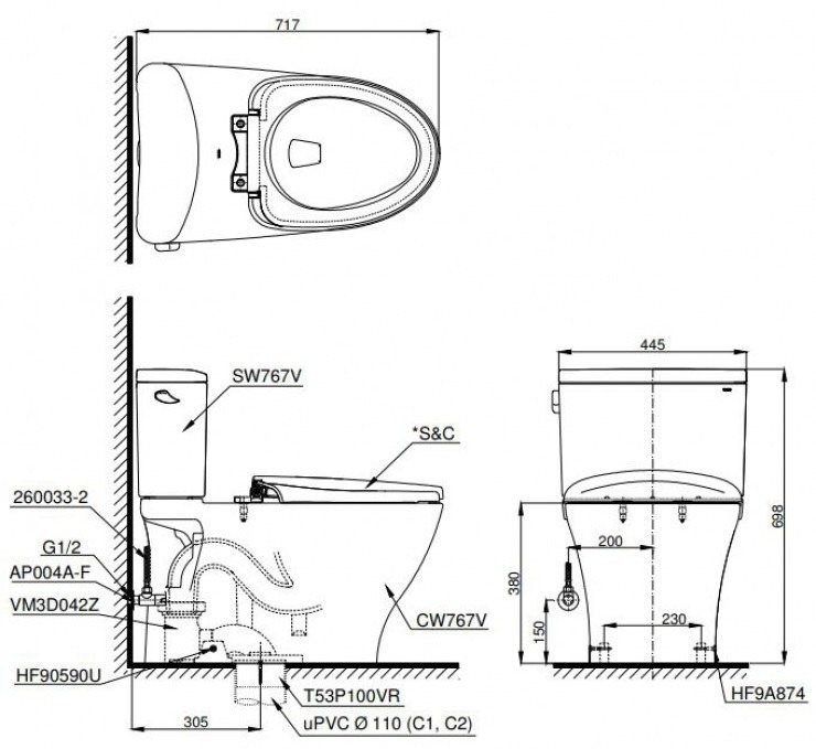 Bản vẽ kích thước bồn cầu hai khối TOTO CS767RT10 Nắp Êm TC395VS