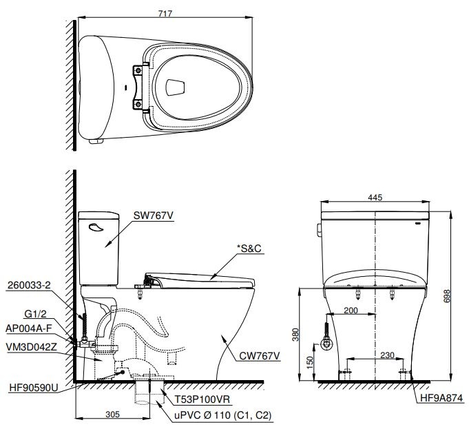 Bản vẽ kích thước bồn cầu TOTO CS767RT8 Hai Khối Nắp TC600VS