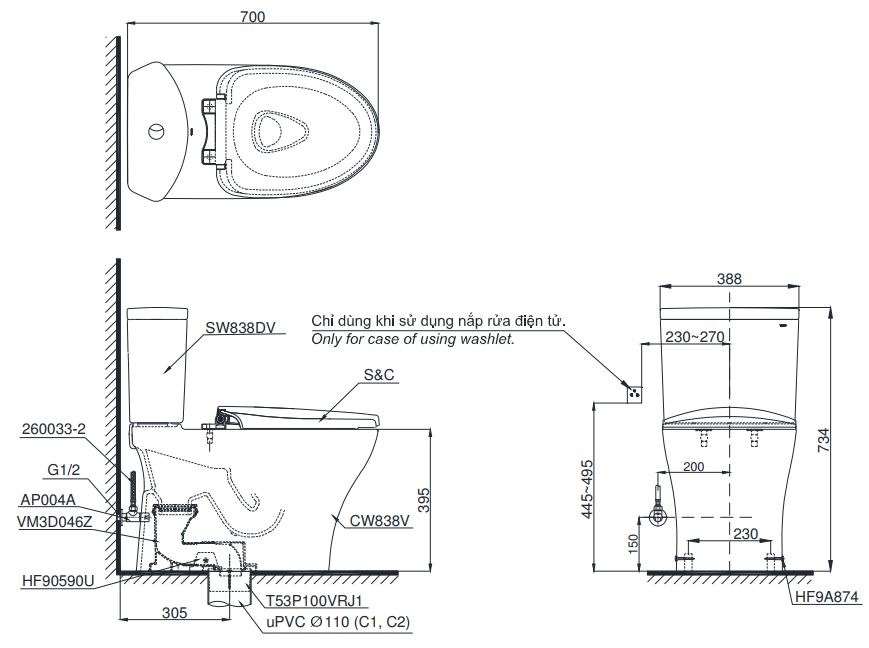 Bản vẽ kích thước bồn cầu hai khối TOTO CS838DE4 Nắp rửa cơ TCW1211A