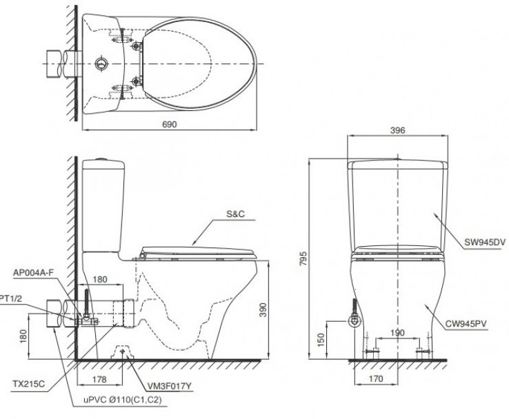 Bản vẽ kích thước bồn cầu hai khối TOTO CS945PDT10 Thoát Ngang Nắp Đóng Êm TC395VS