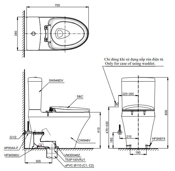 Bản vẽ kích thước bồn cầu hai khối TOTO CS948DE2 Nắp rửa cơ TCW07S