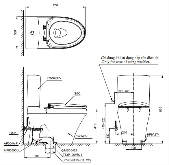 Bản vẽ kích thước bồn cầu hai khối TOTO CS948DE4 Nắp rửa cơ TCW1211A