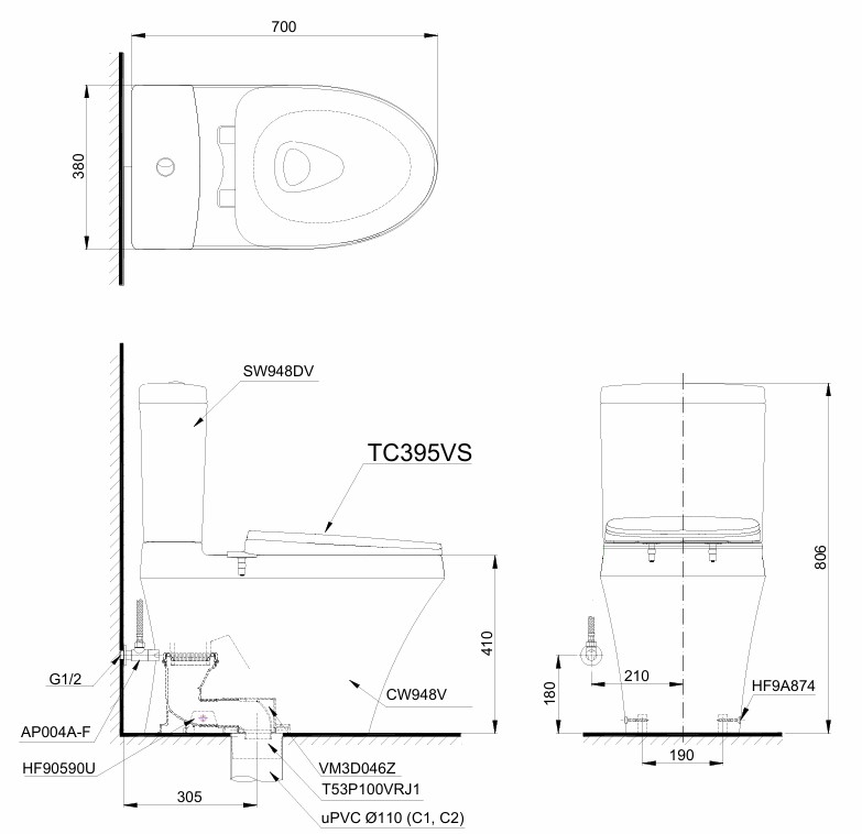 Bản Vẽ Kích Thước Bồn Cầu 2 Khối TOTO CS948DT10 Nắp Êm TC395VS