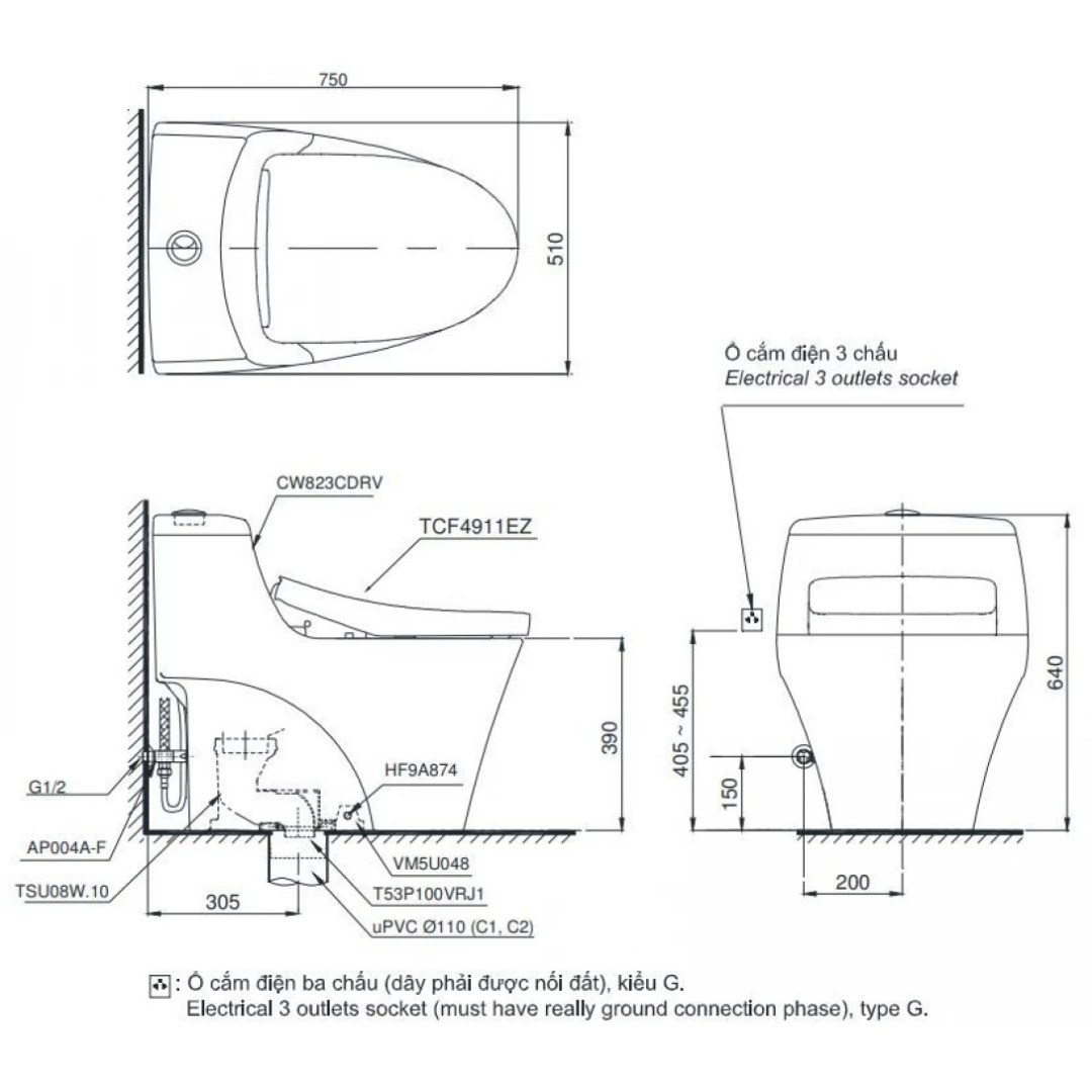 Bản vẽ kích thước bồn cầu TOTO MS823CDRW23 Washlet dòng S7