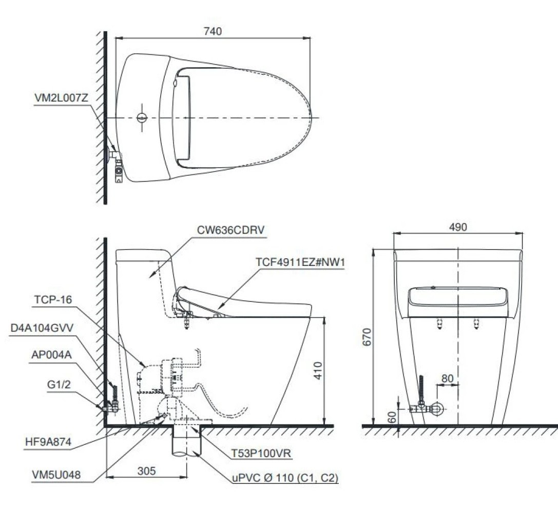 Bản vẽ kích thước bồn cầu TOTO MS636CDRW23 Washlet dòng S7