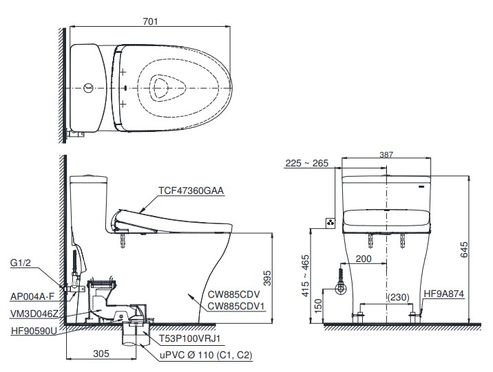 Bản vẽ kích thước bồn cầu TOTO MS885CDW23 Washlet dòng S7