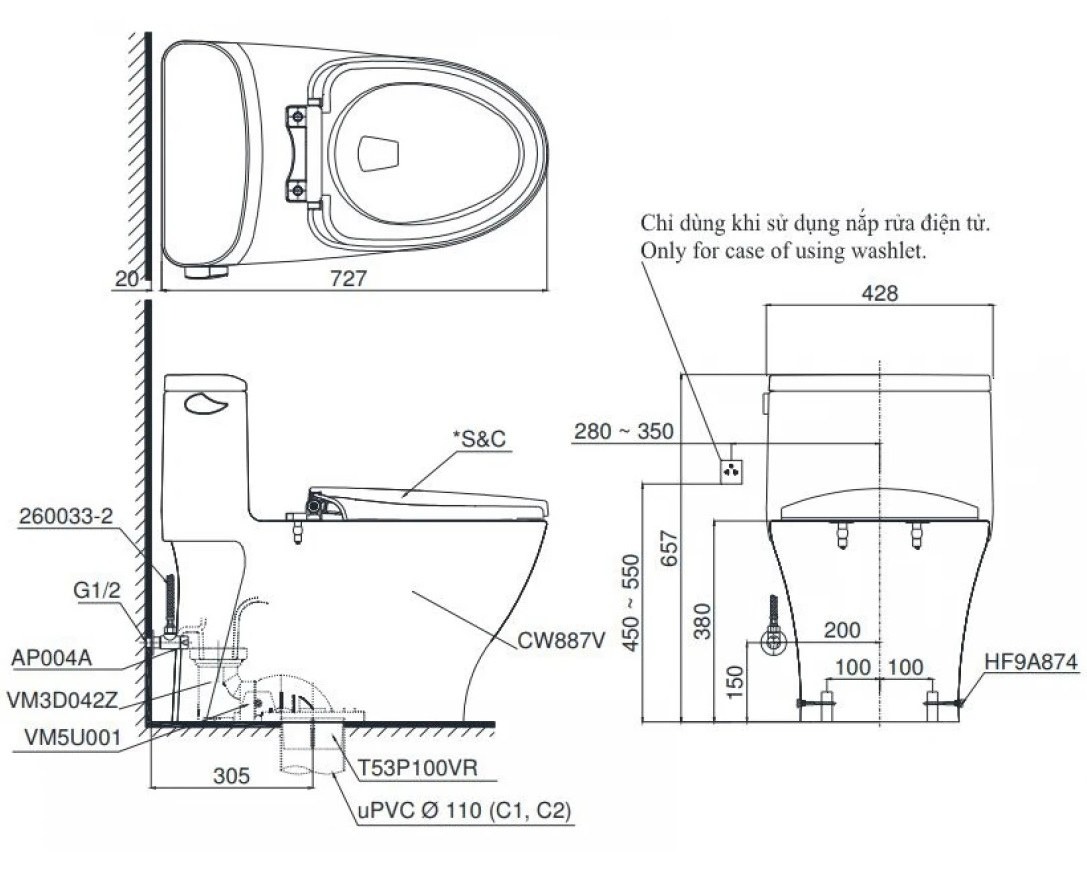Bản vẽ kích thước bồn cầu TOTO MS887CRW23 Washlet dòng S7